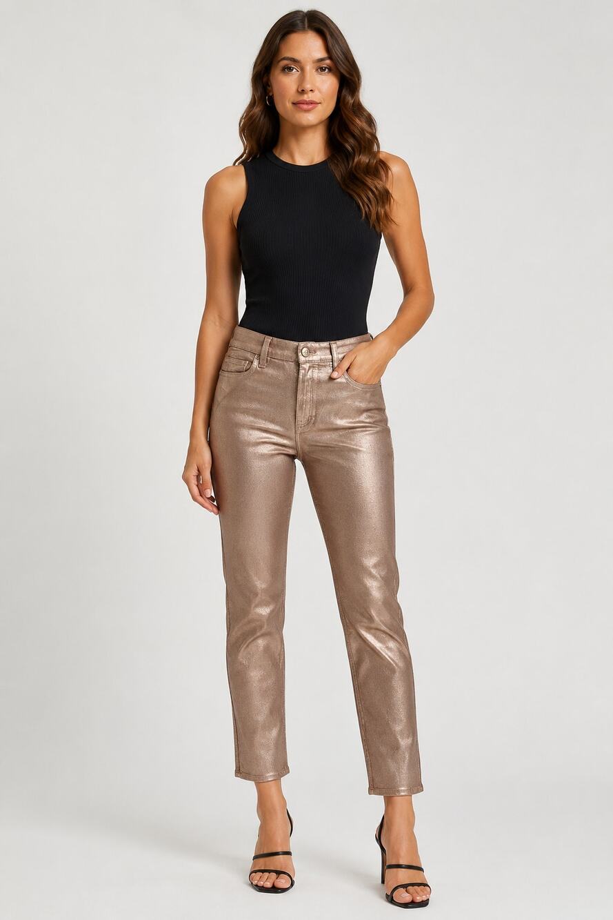 Paige Cindy Rose Gold Metallic Coated High Rise Straight Ankle Jeans Size 30